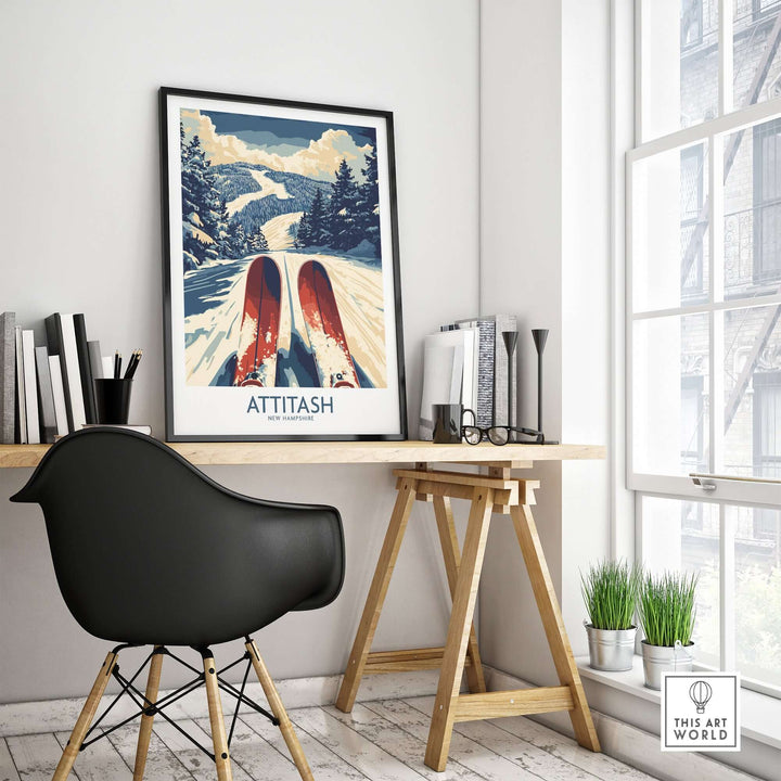 Attitash ski poster displayed in a modern workspace, showcasing vibrant mountain scenery and ski trails.