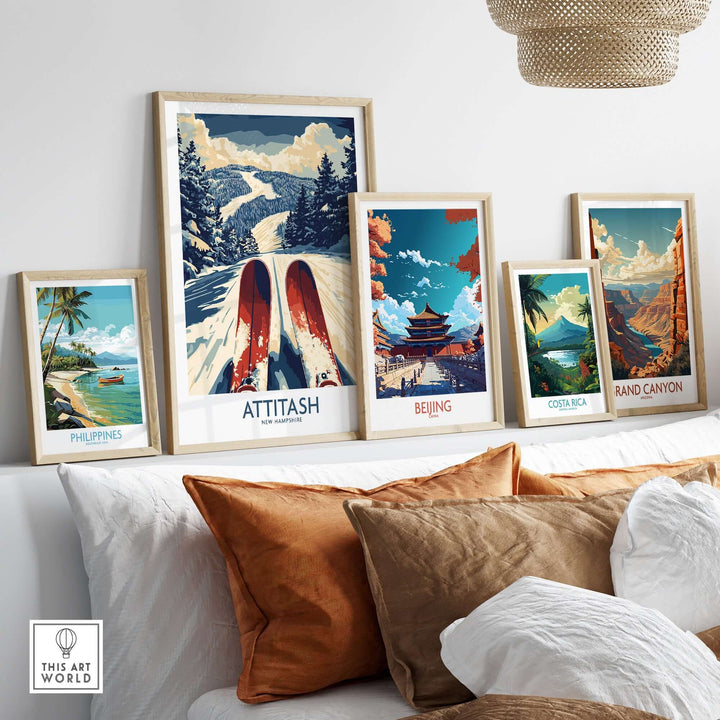 Collection of framed travel posters including Attitash Ski Poster, showcasing stunning landscapes and adventure destinations.