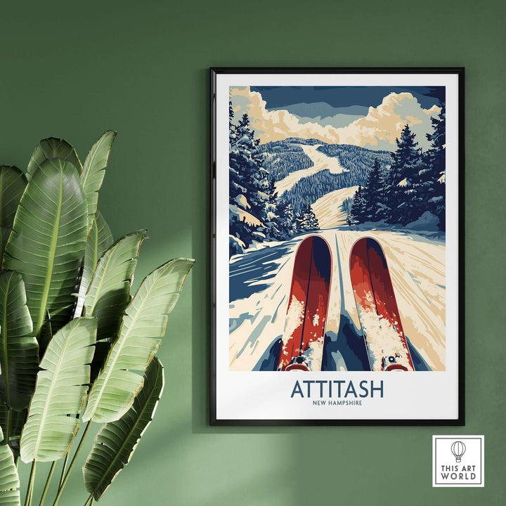 Attitash Ski Poster showcasing snowy slopes and vibrant skis, perfect for home or office decor inspired by New Hampshire's skiing.