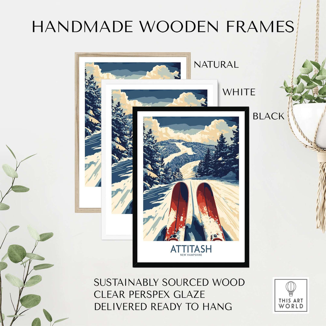 Handmade wooden frames in natural, white, and black for Attitash Ski Poster, featuring sustainable materials and ready to hang.