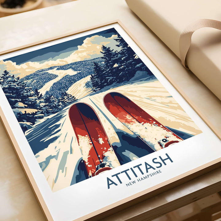 Attitash Ski Poster showcasing vibrant ski slopes and mountain scenery, perfect for home or office decor in New Hampshire.