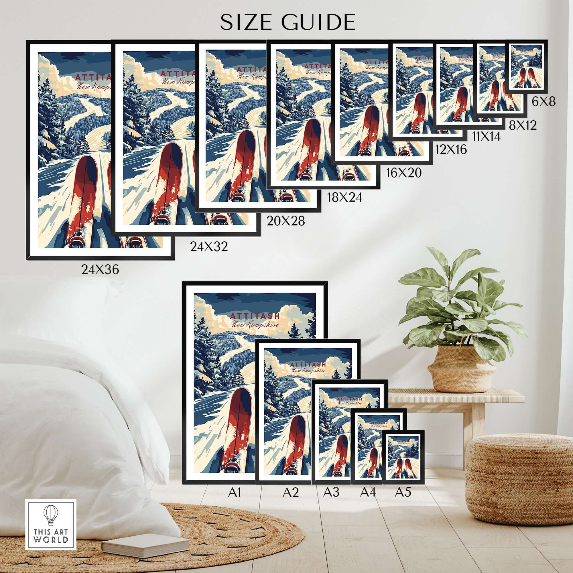 Size guide for Attitash Ski Print showcasing various frame sizes in a stylish home setting.