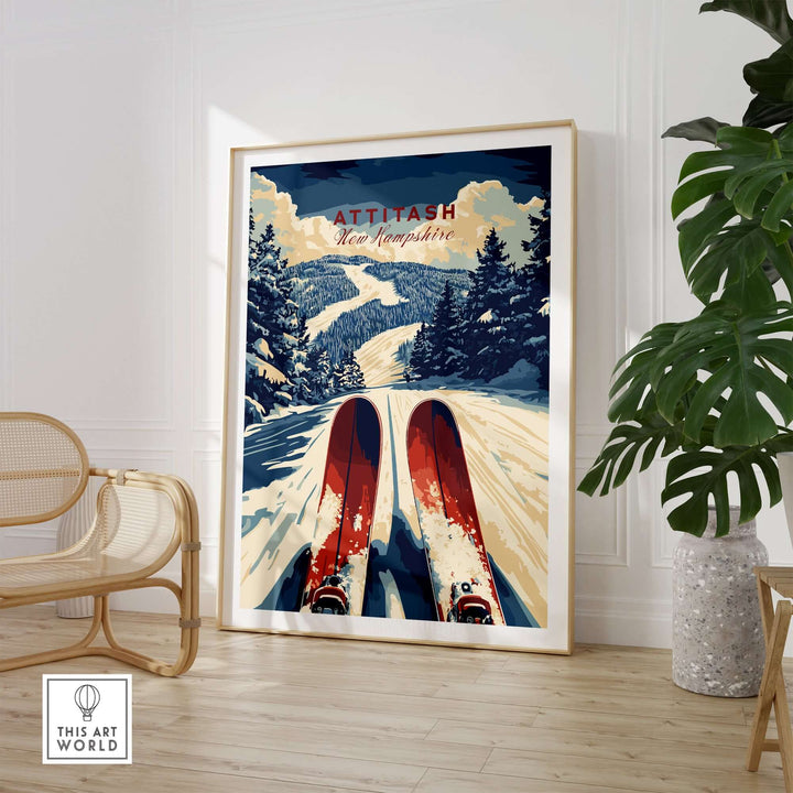 Attitash Ski Print featuring vibrant red skis on a snowy trail in New Hampshire, framed in a stylish interior setting.