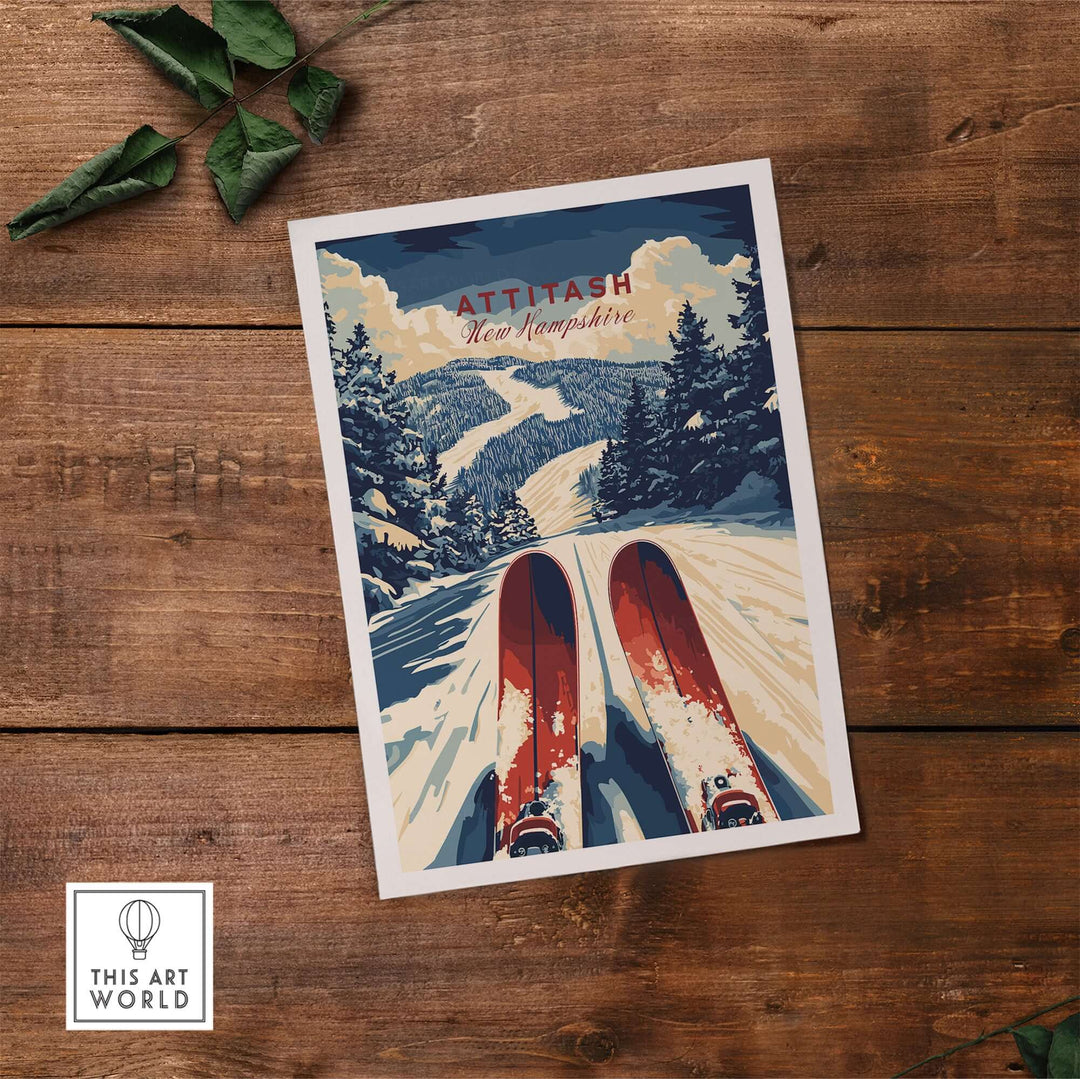 Attitash Ski Print showcasing vibrant colors of skiing with snow-covered mountains in the background, perfect for ski enthusiasts.