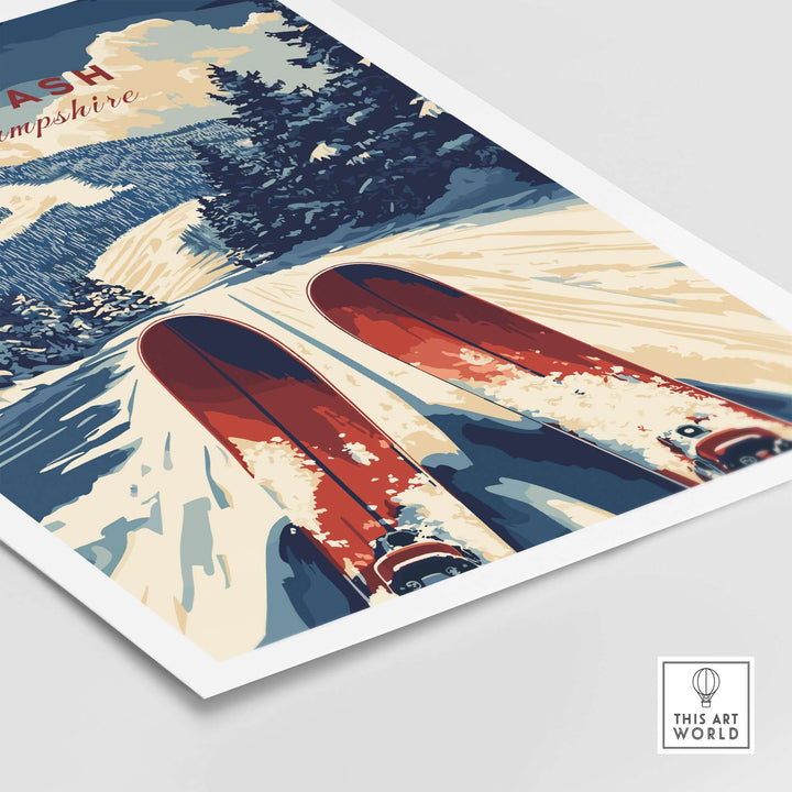 Attitash Ski Print featuring vintage skis on snowy slopes in New Hampshire, capturing the thrill of skiing.