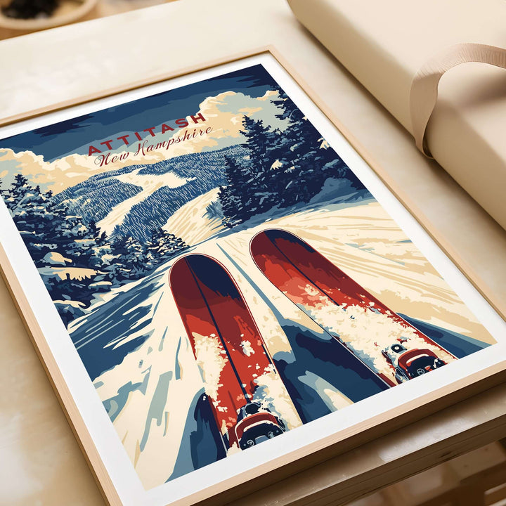 Attitash Ski Print featuring red skis on snowy slopes with mountains and trees in the background, perfect for ski enthusiasts.