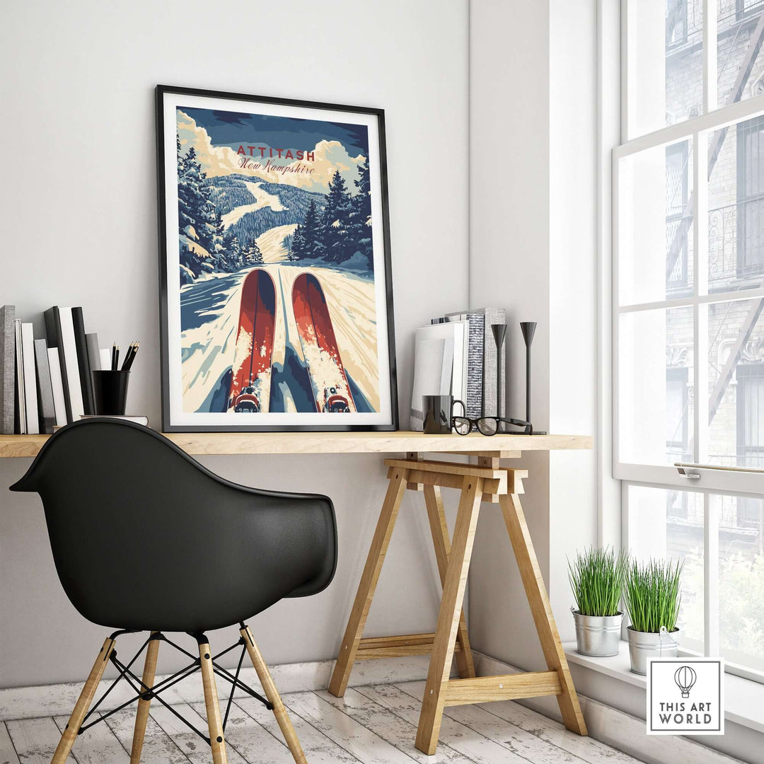 Attitash Ski Print displayed in a modern interior, capturing the thrill of skiing with vibrant colors and intricate details.