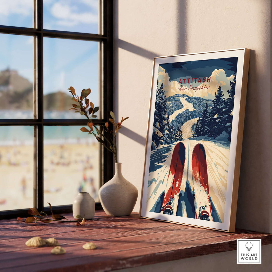 Attitash Ski Print displayed in a cozy setting, featuring vibrant colors and a mountain ski scene, perfect for ski enthusiasts.