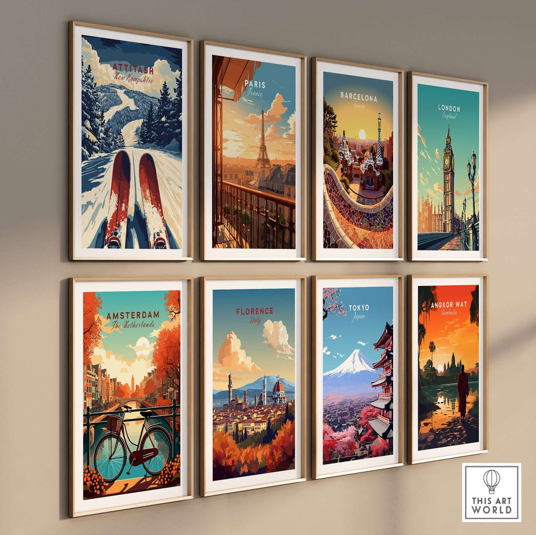 Gallery wall featuring vibrant travel prints of major cities including Attitash, Paris, Barcelona, and Tokyo.