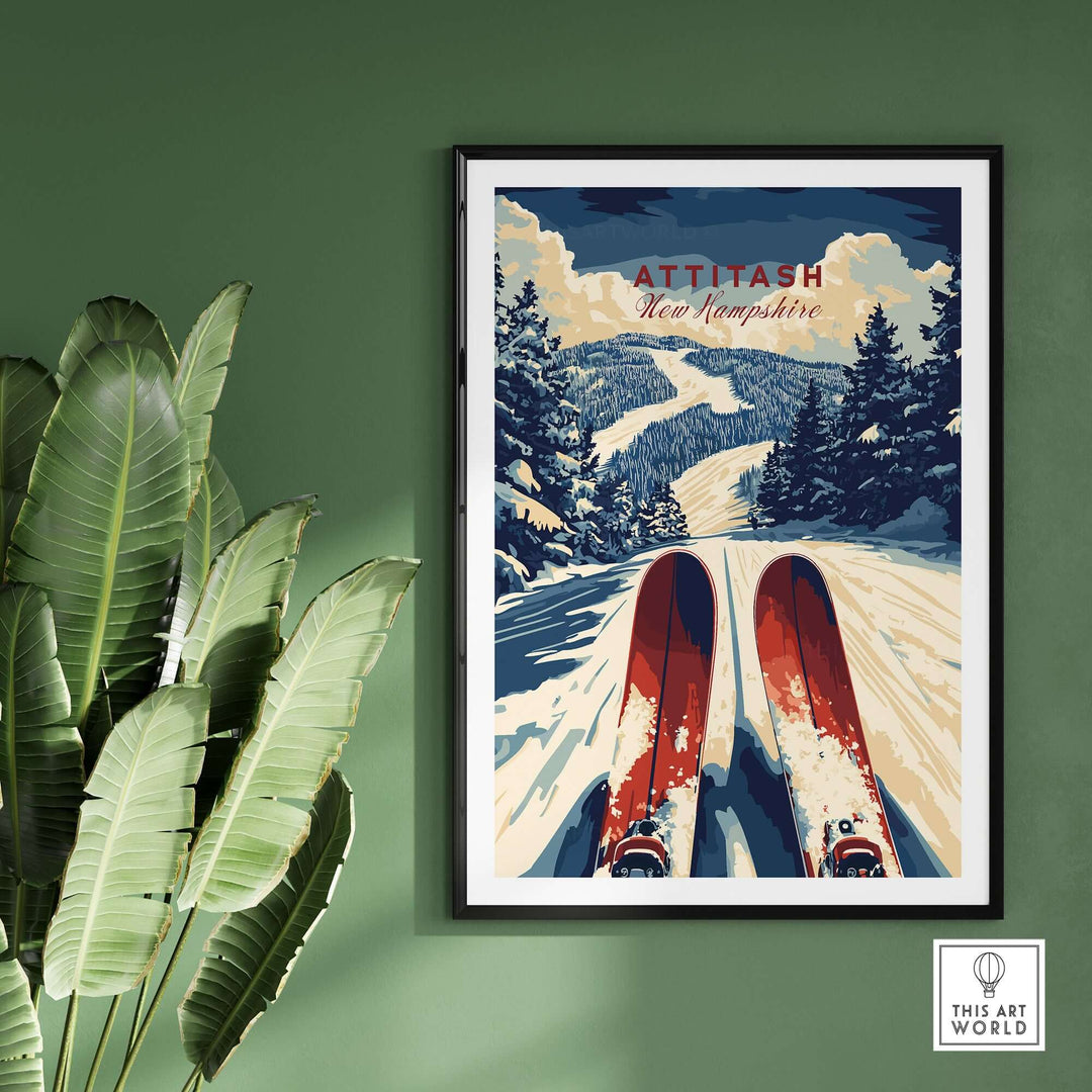 Attitash Ski Print featuring vibrant skis and a snowy mountain backdrop, perfect for ski enthusiasts' home decor.