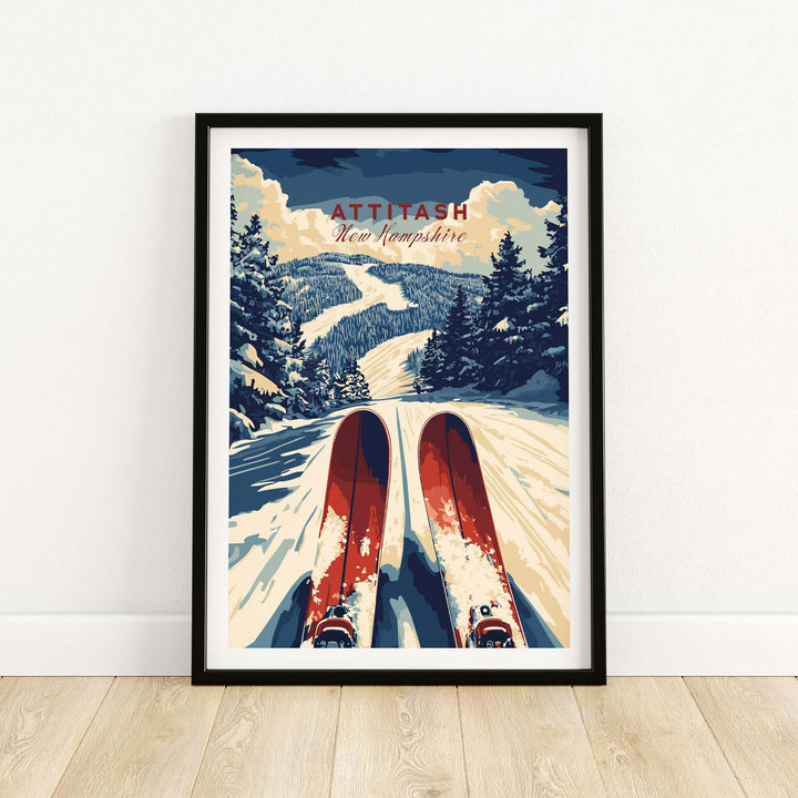 Attitash Ski Print featuring vibrant red skis on a snowy slope, capturing the thrill of skiing in New Hampshire.