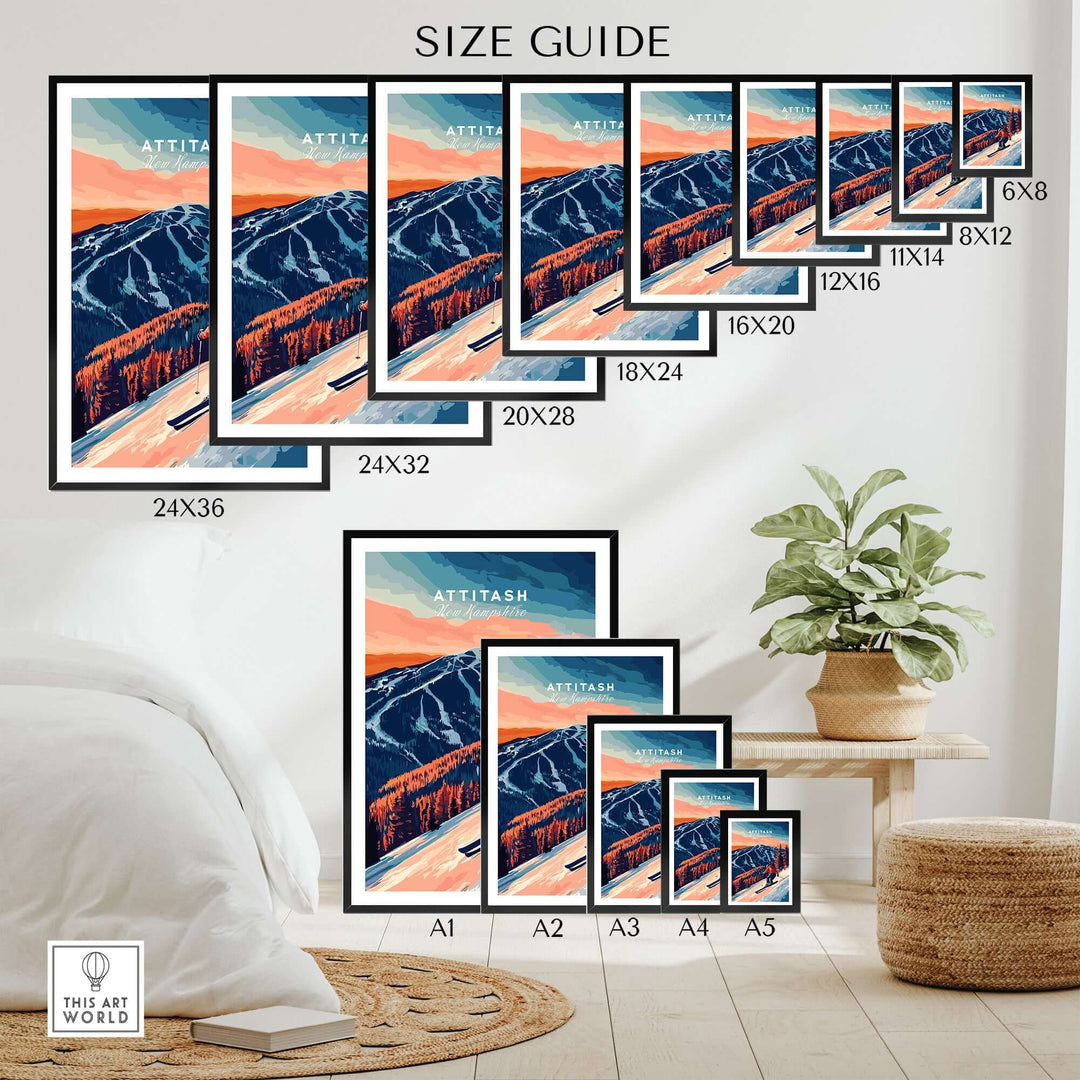 Size guide for Attitash Ski Wall Art, showcasing various frame sizes in a stylish living room setting.