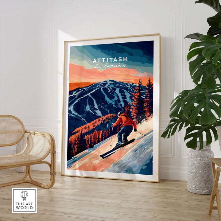 Attitash Ski Wall Art featuring a skier on a mountain landscape, perfect for outdoor enthusiasts. Ideal for home decor.