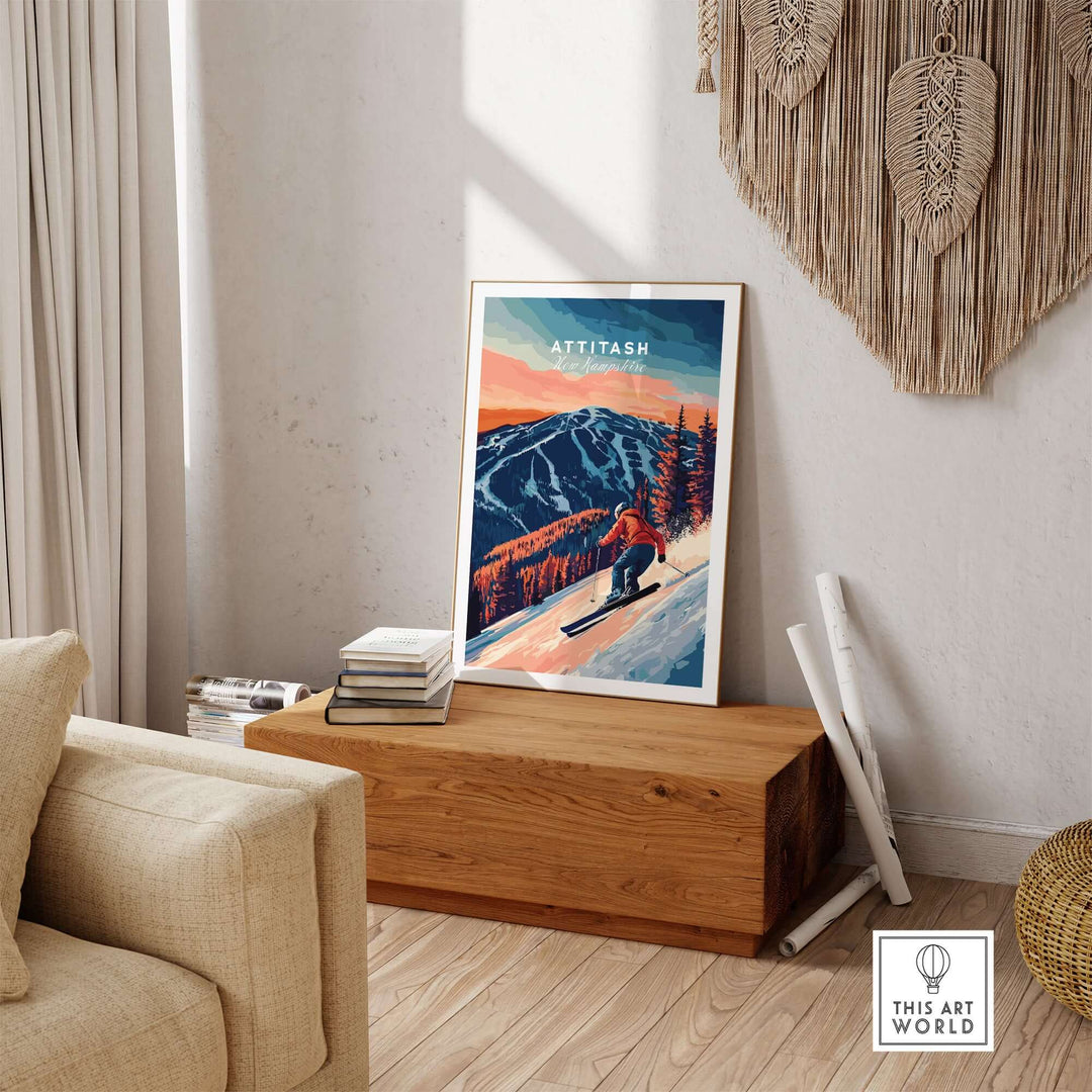 Attitash Ski Wall Art showcasing a vibrant mountain landscape and skier, perfect for enhancing home decor.