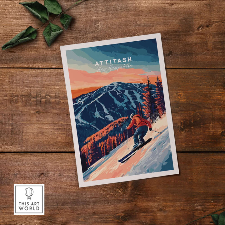 Attitash Ski Wall Art featuring a skier on a mountain slope, perfect for outdoor enthusiasts and home decor.