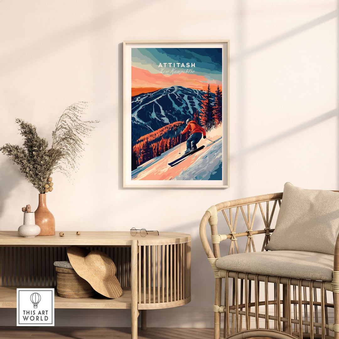 Attitash Ski Wall Art displayed in a stylish living room with mountain landscape and ski graphic, perfect for outdoor lovers.