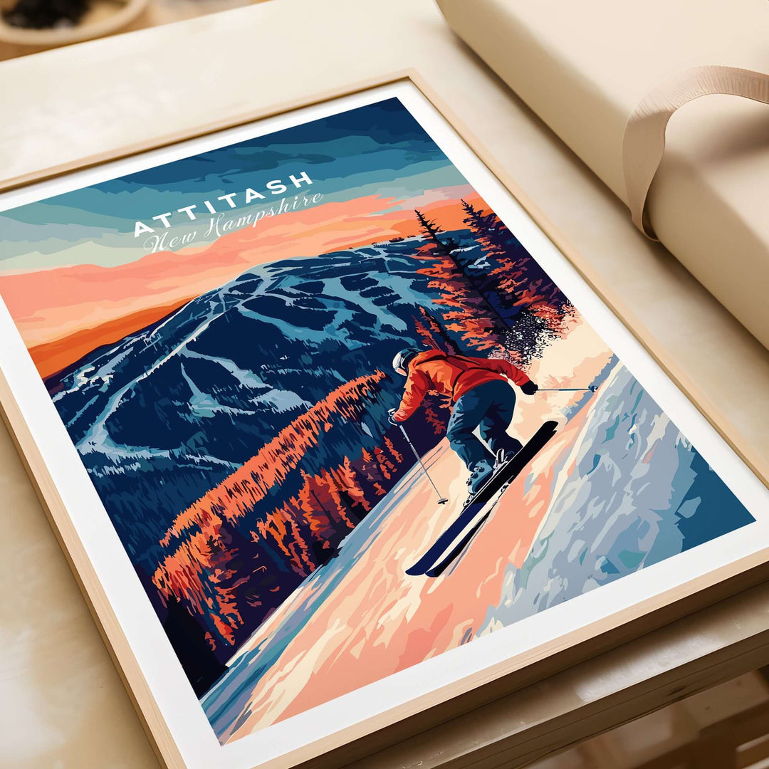 Attitash Ski Wall Art featuring a skier on a vibrant mountain landscape, perfect for outdoor enthusiasts and home decor.