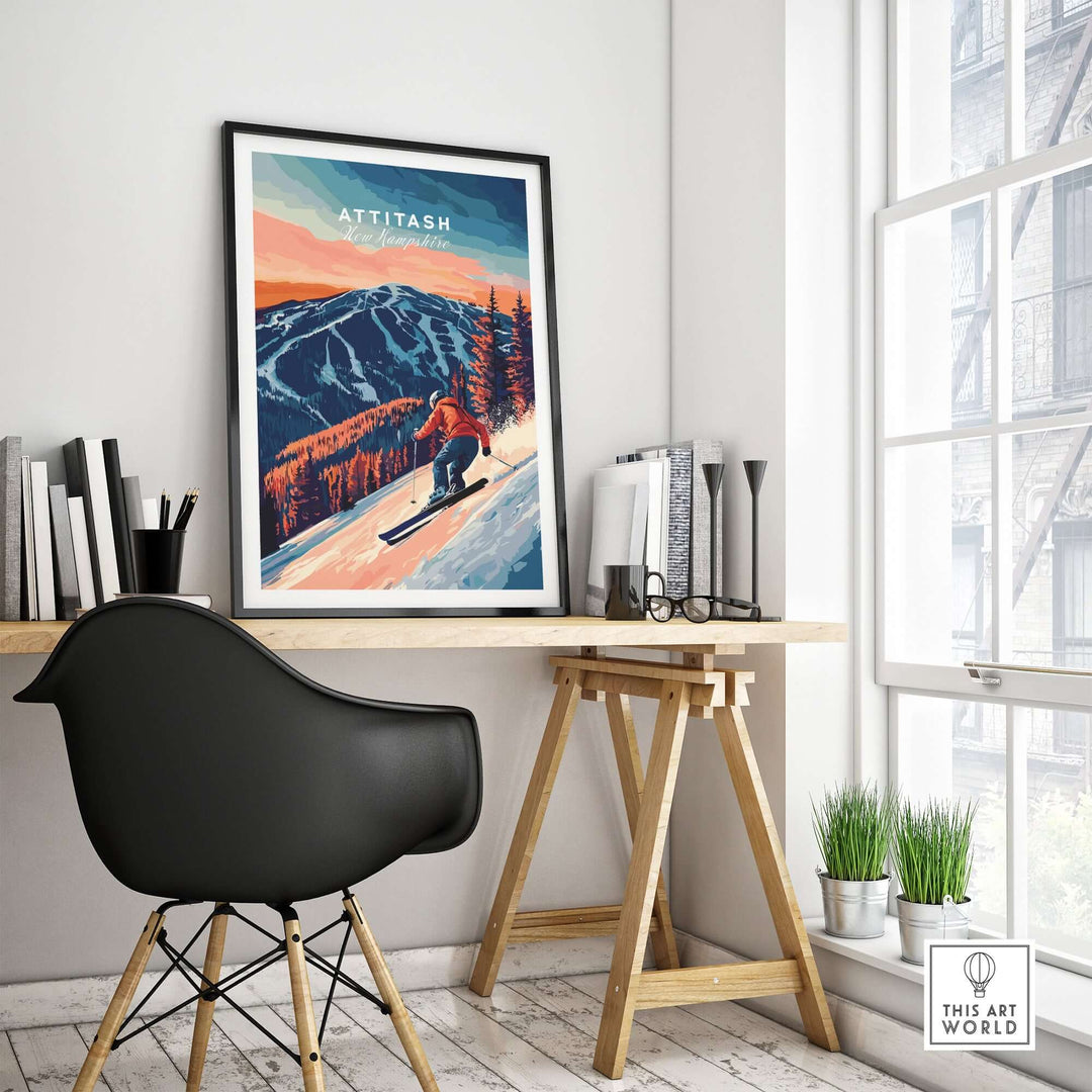 Attitash Ski Wall Art featuring a skier against a vibrant mountain landscape, perfect for outdoor enthusiasts' decor.