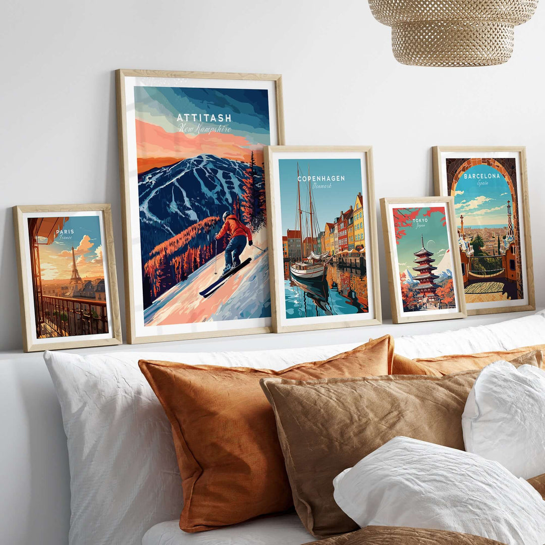 Attitash Ski Wall Art displayed among other travel-themed prints in a cozy living room setting.