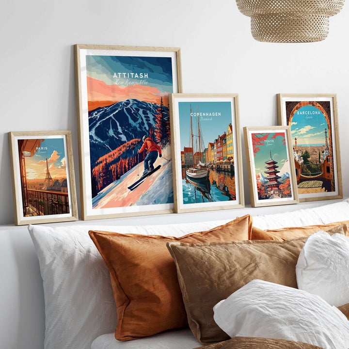 Attitash Ski Wall Art displayed among other travel-themed prints in a cozy living room setting.