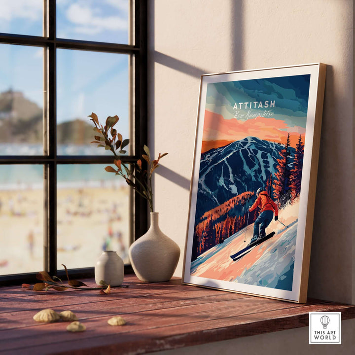 Attitash Ski Wall Art featuring a skier on a snowy mountain, perfect for adding adventure to any indoor space.