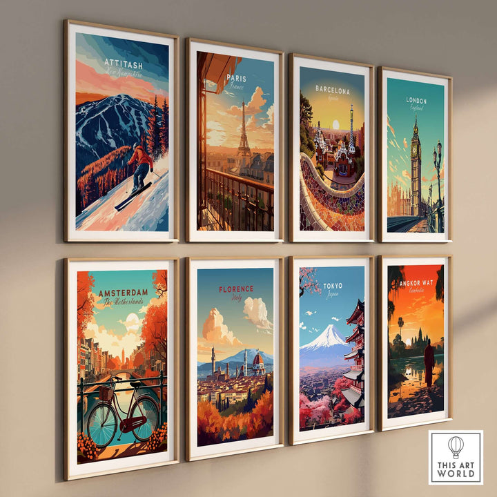 Attitash Ski Wall Art collection featuring vibrant cityscapes and a skier on the slopes, perfect for adventure lovers' decor.