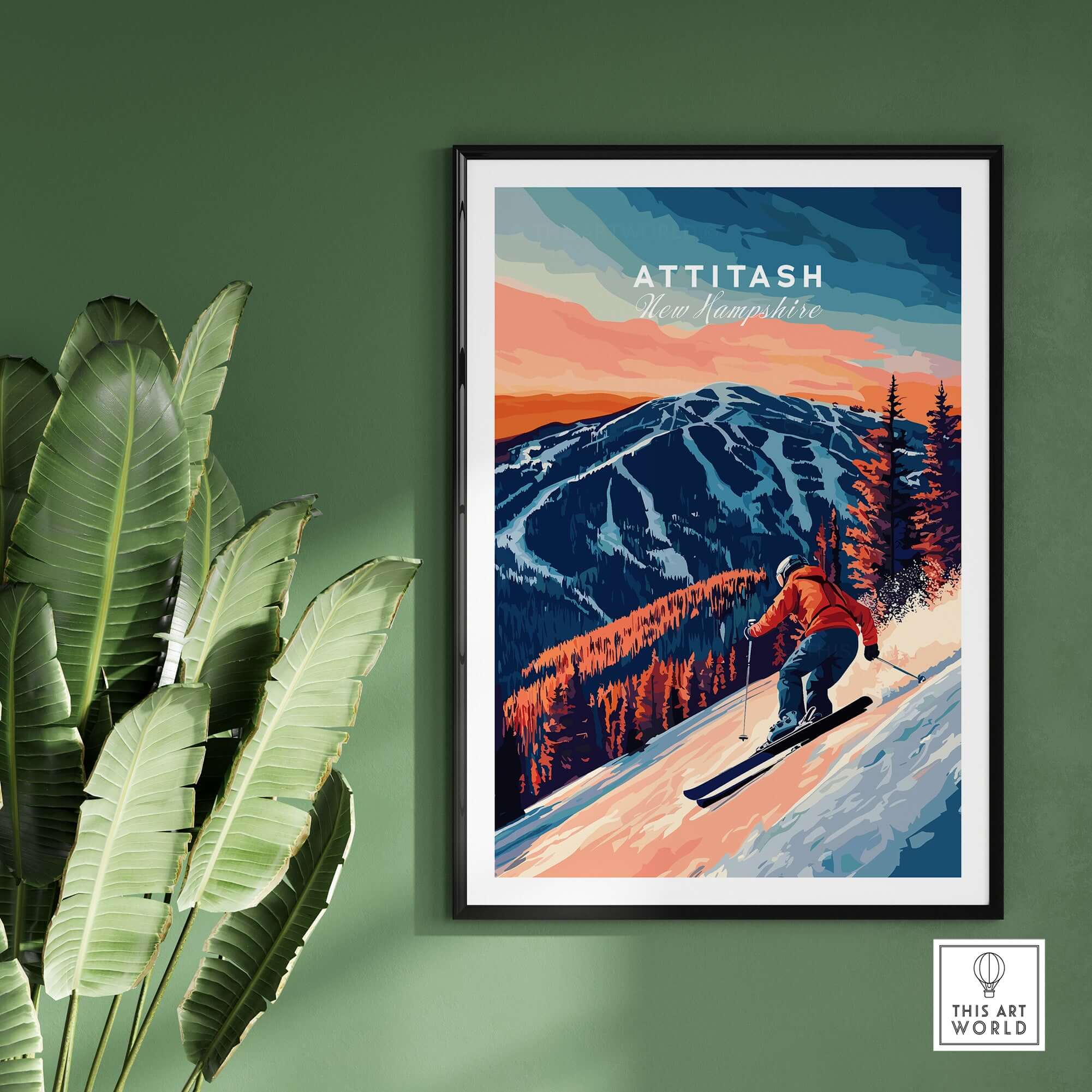 Attitash Ski Wall Art featuring a skier on a mountain landscape, perfect for outdoor enthusiasts' home decor.