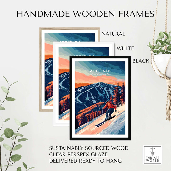 Handmade wooden frames in natural, white, and black, displaying Attitash ski wall art for an adventurous home decor.