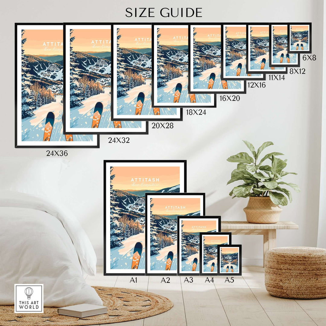 Size guide for Attitash Ski Wall Art Poster, featuring various frame sizes and a cozy room setting.