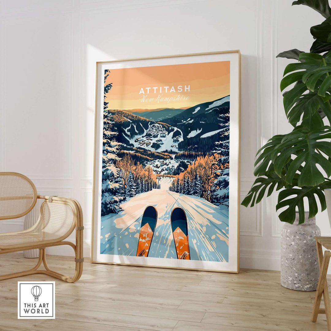 Attitash Ski Wall Art Poster showcasing snowy slopes and vibrant colors, perfect for winter-themed decor.