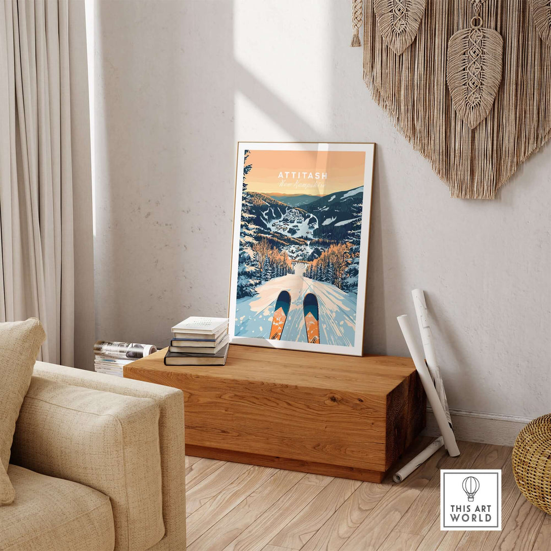 Attitash Ski Wall Art Poster displayed in a cozy living room, featuring vibrant ski slopes and majestic mountain scenery.