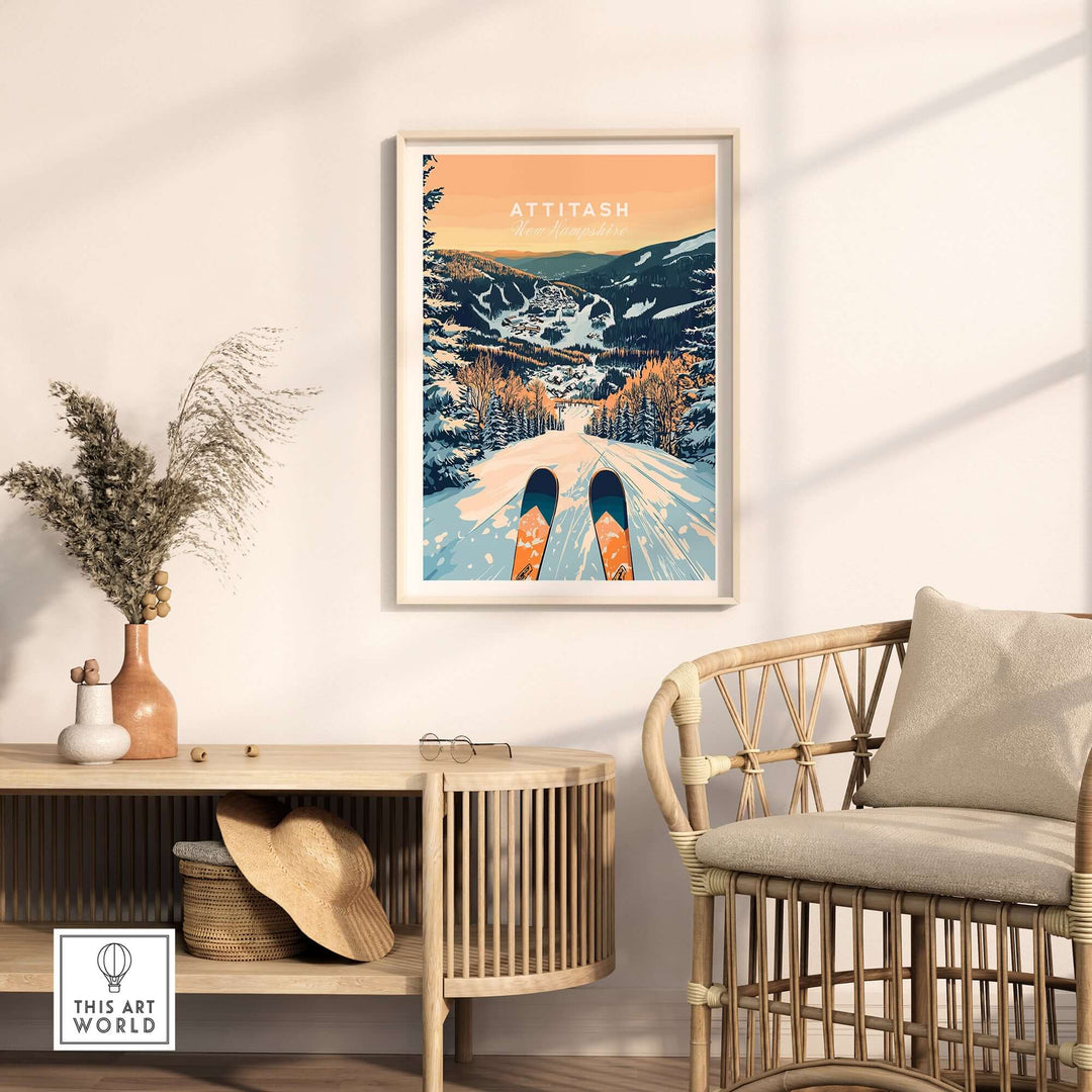 Attitash Ski Wall Art Poster displayed in a modern room, showcasing vibrant slopes and ski equipment for winter decor.