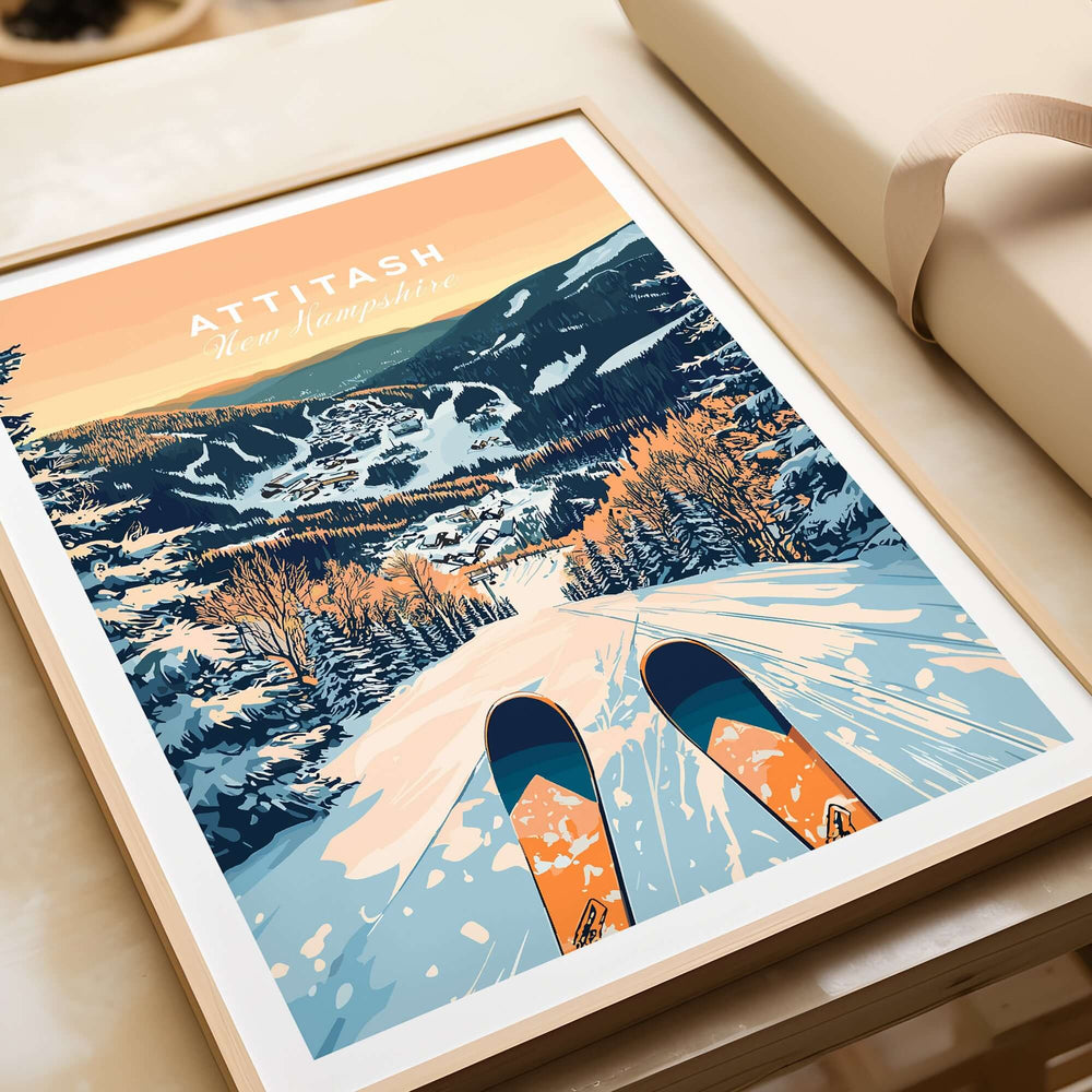 Attitash Ski Wall Art Poster showcasing vibrant slopes and a skier's perspective in a winter landscape. Ideal for room decor.