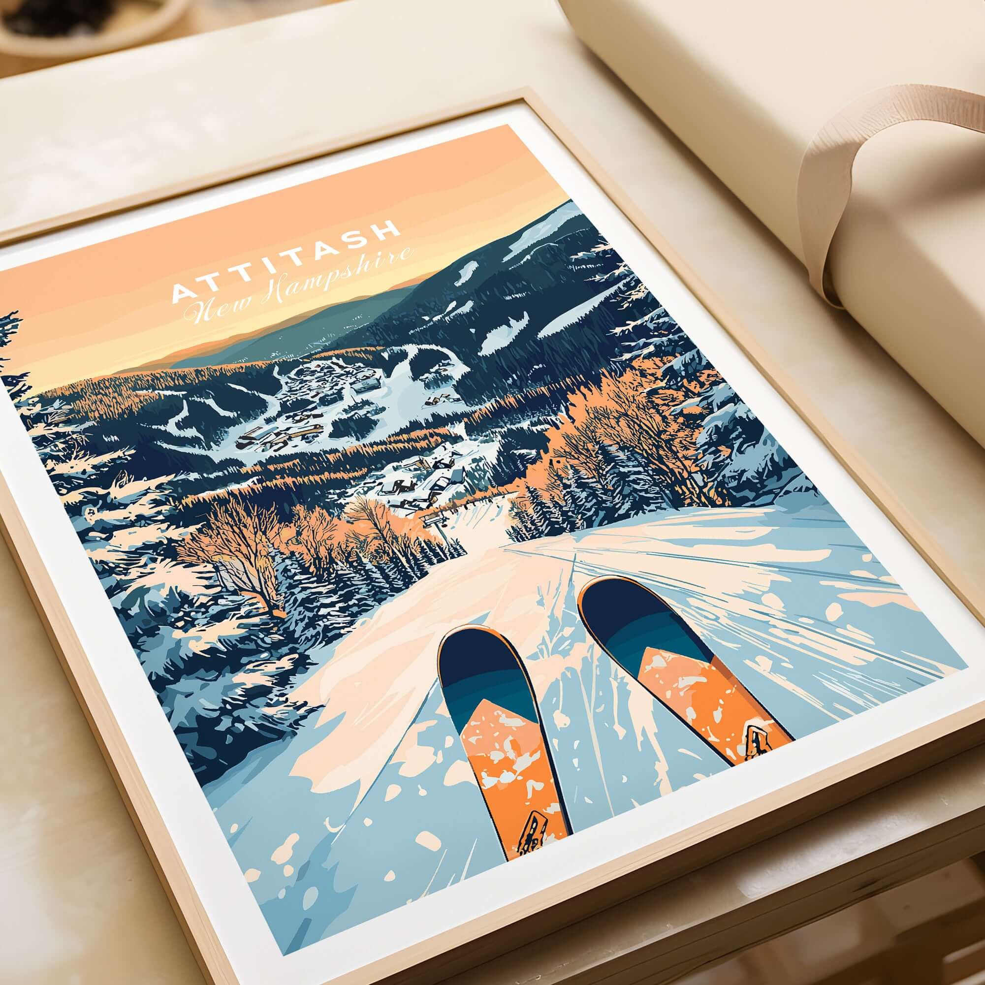Attitash Ski Wall Art Poster showcasing vibrant slopes and a skier's perspective in a winter landscape. Ideal for room decor.