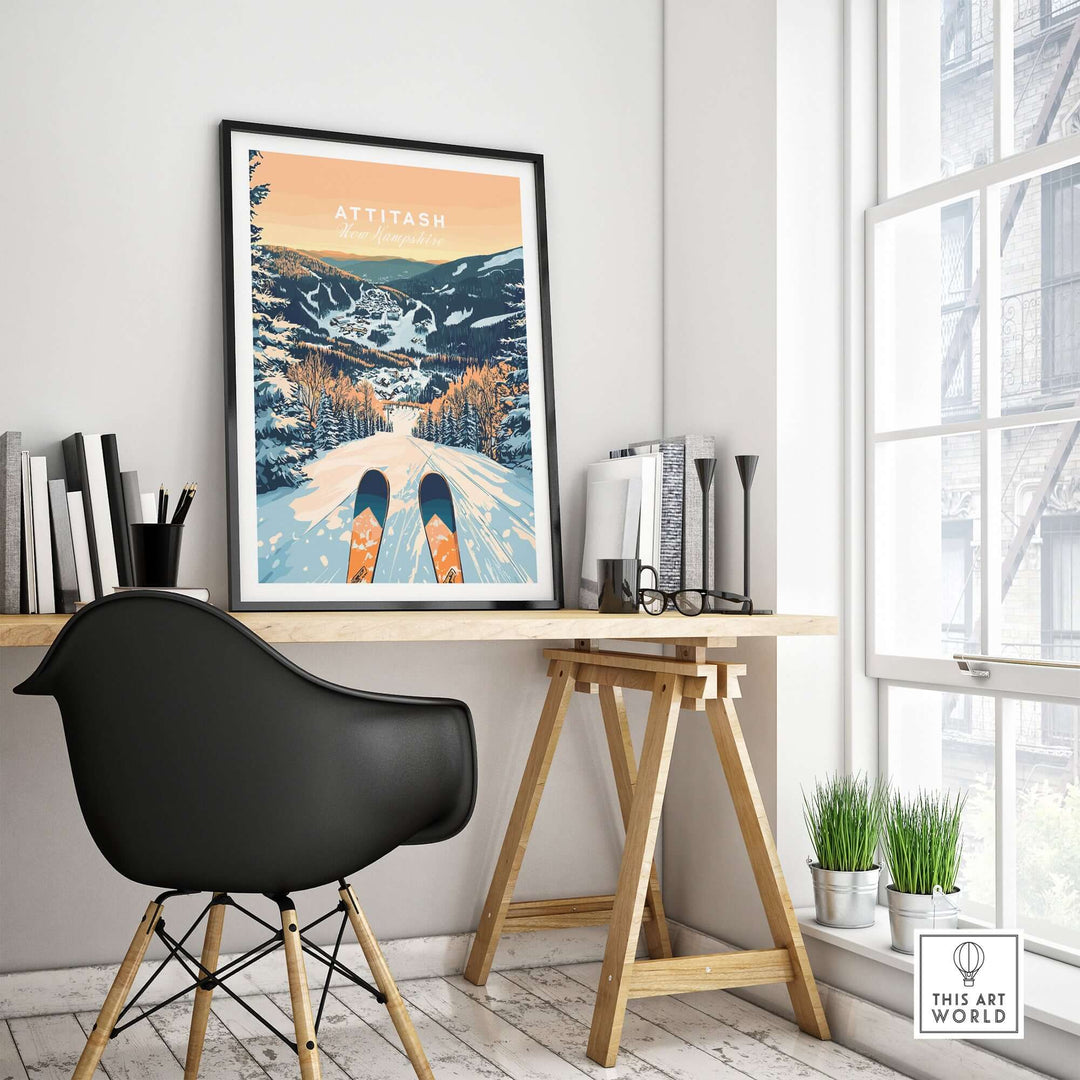 Attitash Ski Wall Art Poster displayed in modern home office with ski-themed decor and natural light.