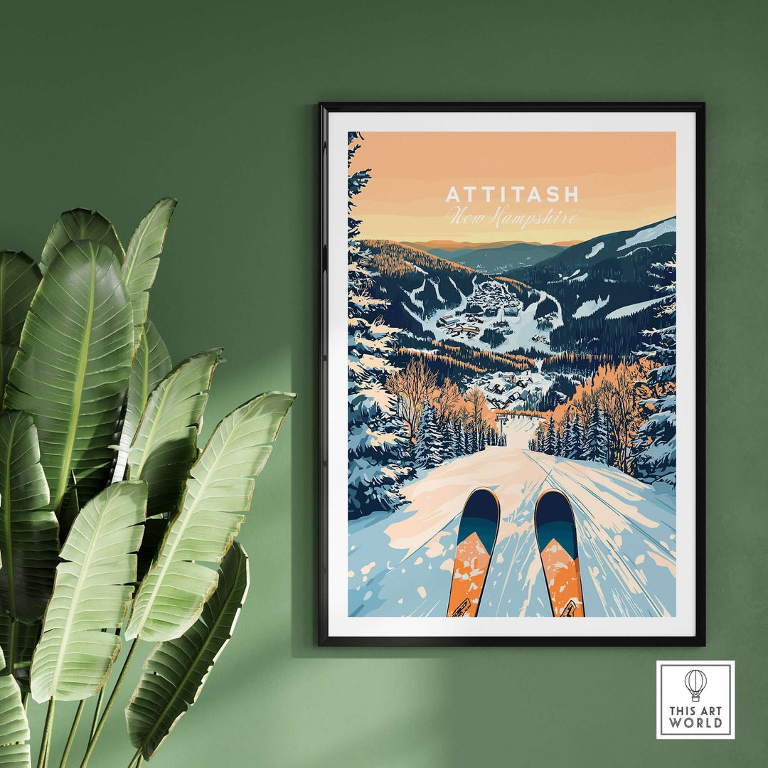 Attitash Ski Wall Art Poster featuring vibrant ski slopes and pine trees, perfect for adding adventure to any space.