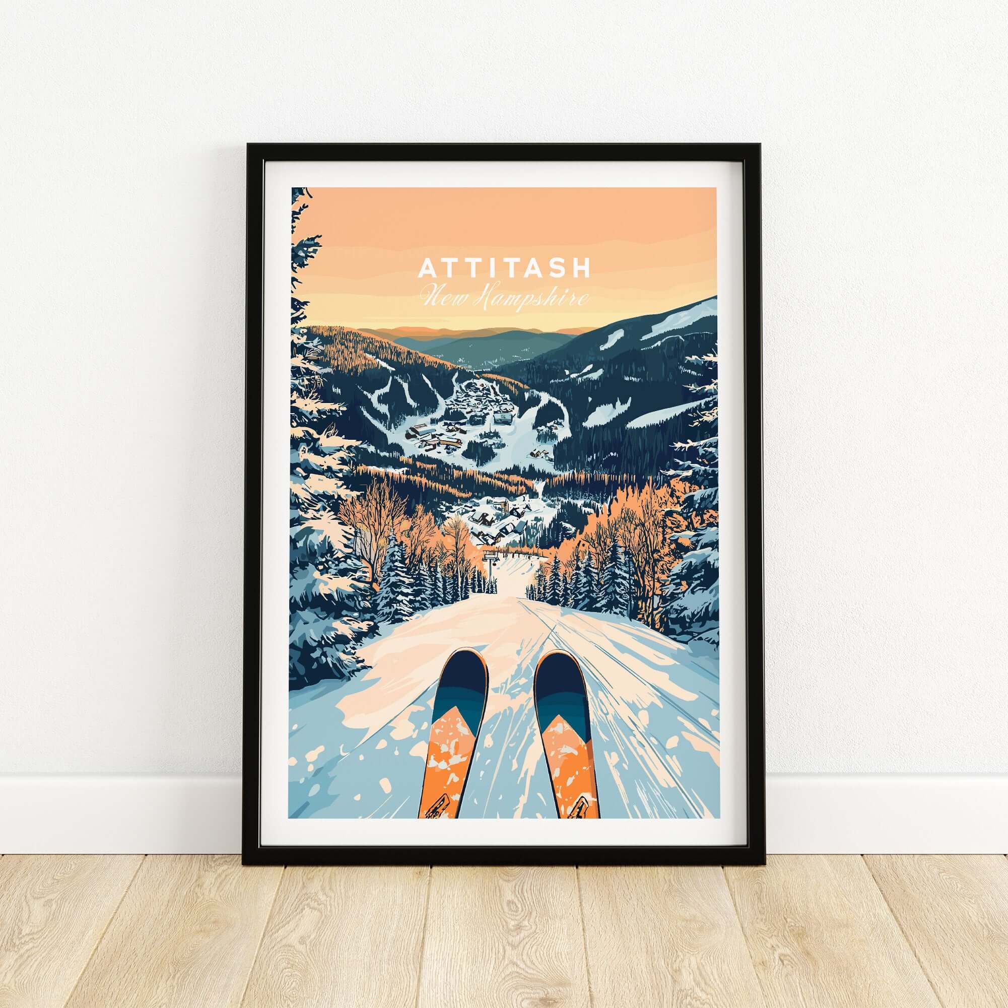 Attitash Ski Wall Art Poster featuring skis on snowy slopes of Attitash, New Hampshire, perfect for winter decor.