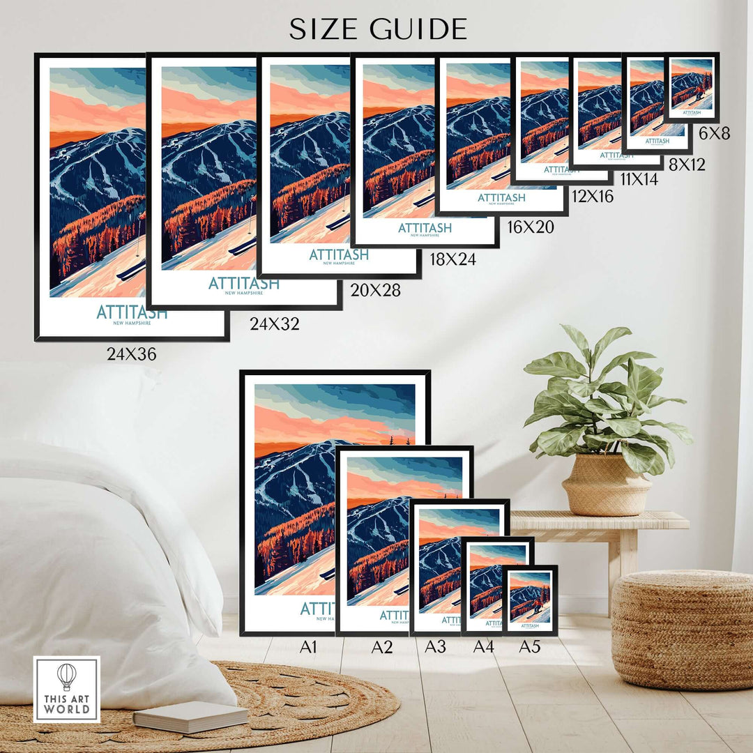 Size guide for Attitash Ski Wall Art Print displaying various frame dimensions in a stylish interior setting.