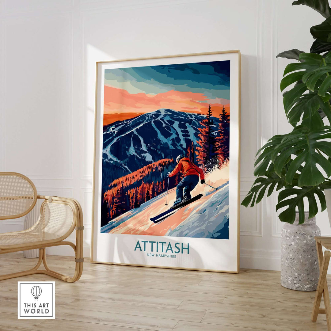 Attitash ski wall art print showcasing a skier on a snowy mountain at sunset, perfect for outdoor and skiing enthusiasts.