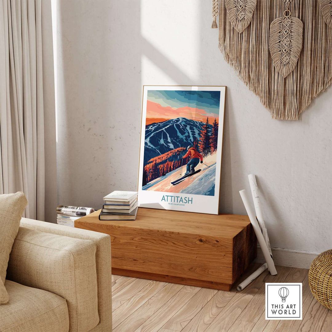 Attitash ski wall art print showcased in a cozy living room setting, inspiring adventure and nature decor.