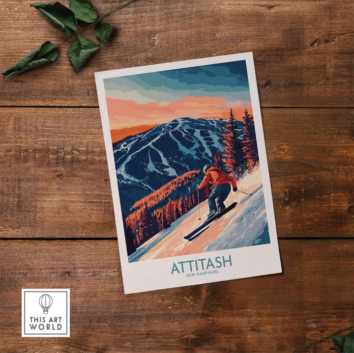 Attitash Ski Wall Art Print featuring a skier on slopes with a mountain backdrop in vibrant colors, perfect for outdoor enthusiasts.