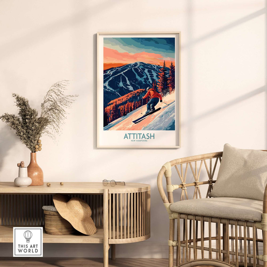 Attitash Ski Wall Art Print showcasing a skier on the slopes, enhancing home decor with nature-inspired adventure.