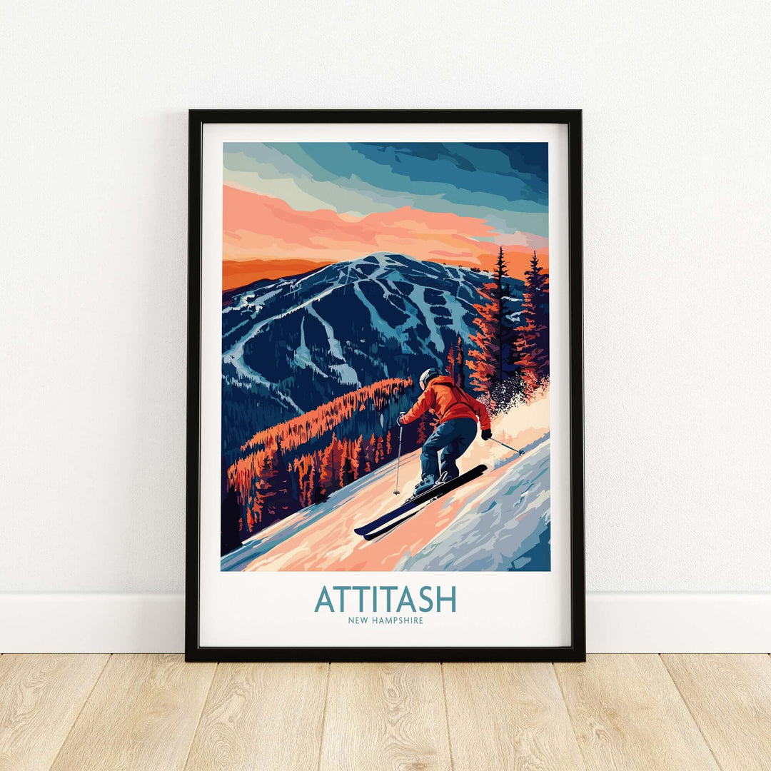 Attitash Ski Wall Art Print featuring a skier on a snowy slope with a mountain backdrop, perfect for outdoor enthusiasts' decor.