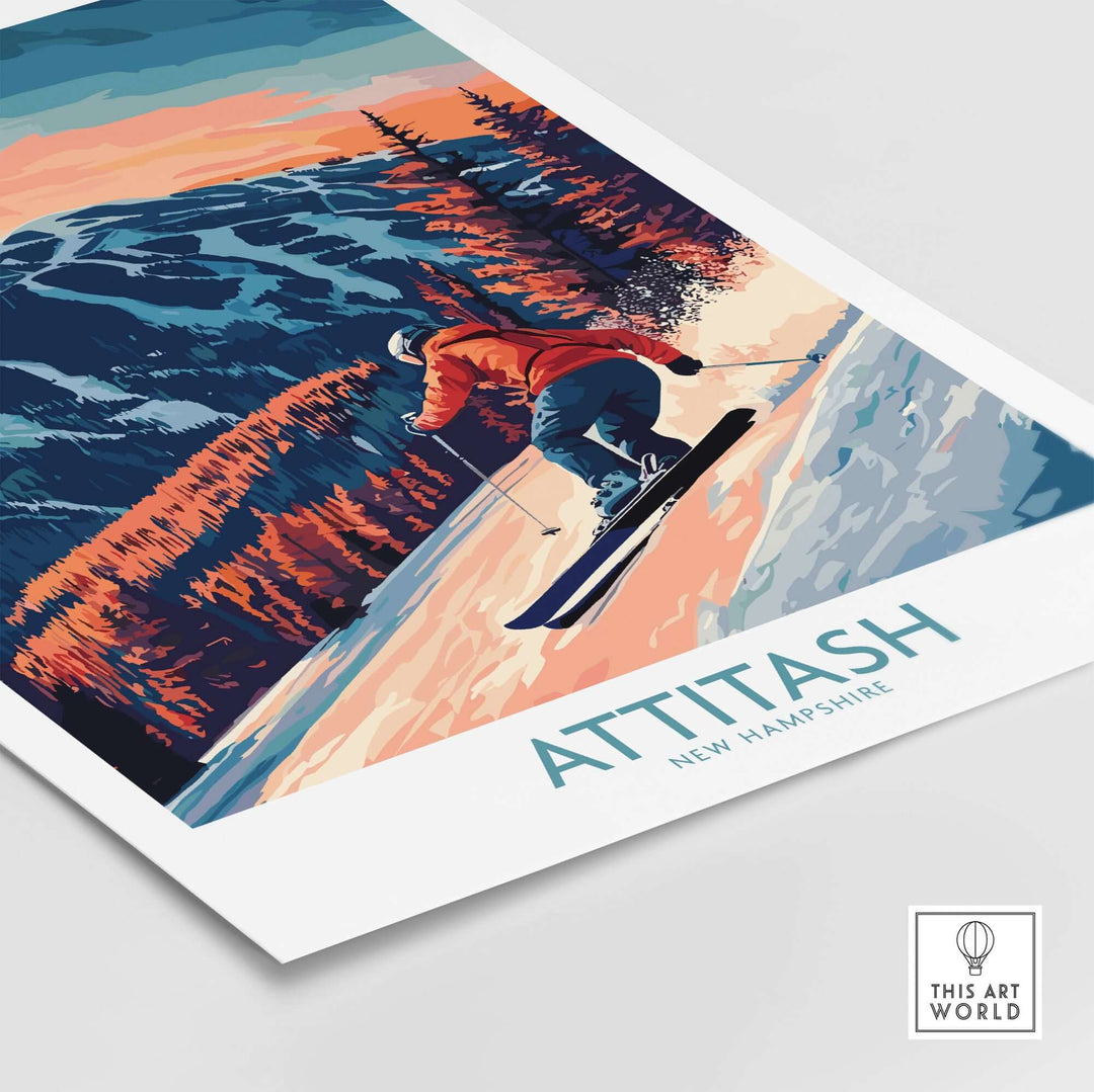 Attitash Ski Wall Art Print showcasing a skier on a snowy slope with vibrant mountain scenery in New Hampshire.