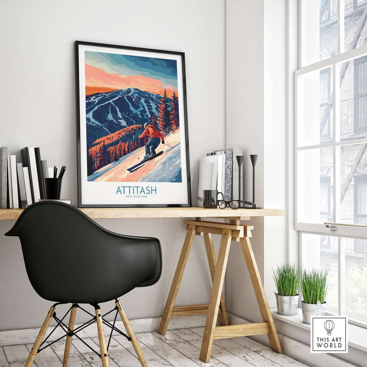 Attitash Ski Wall Art Print displayed in a modern office, featuring a skier among mountains and trees, inspiring outdoor adventure.