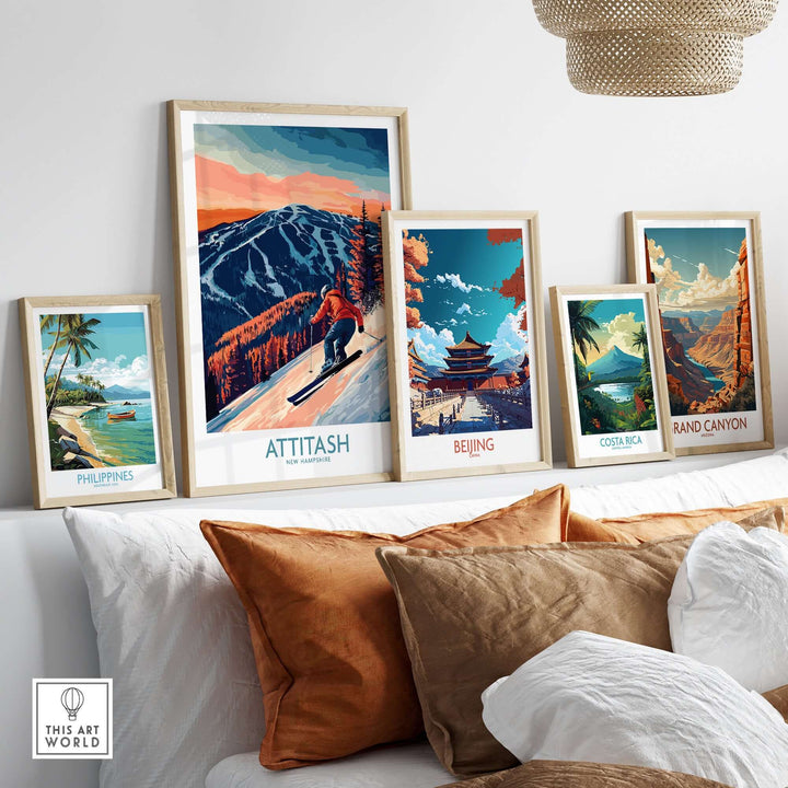 Framed Attitash Ski Wall Art Print alongside travel-themed prints on a stylish shelf. Perfect for adventure lovers.