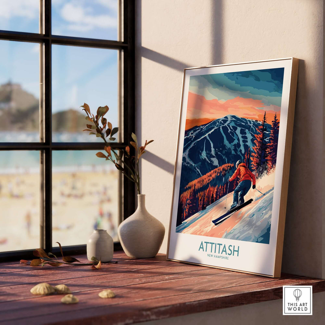 Attitash Ski Wall Art Print showcasing a skier on a mountain slope, perfect for ski enthusiasts and nature lovers.