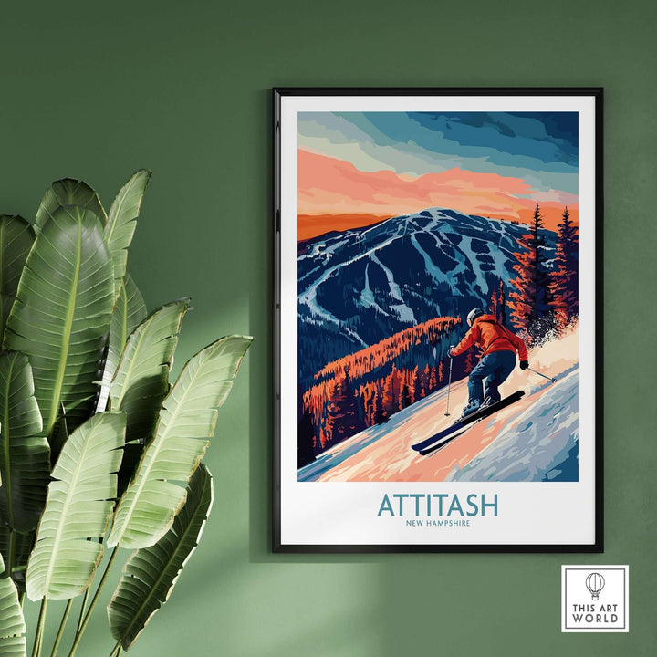 Attitash Ski Wall Art Print featuring a skier on a snowy slope with mountains, perfect for nature and skiing enthusiasts.