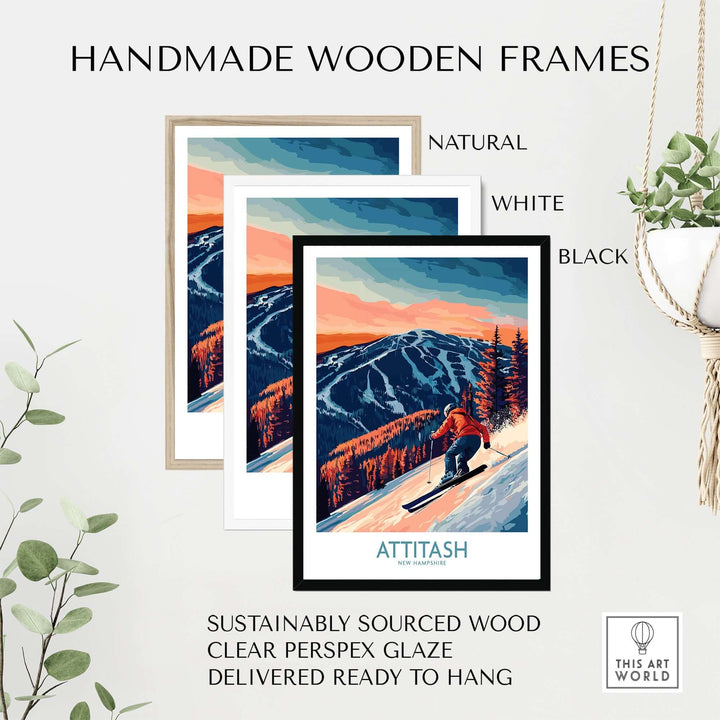 Handmade wooden frames in natural, white, and black for Attitash Ski Wall Art, sustainably sourced and ready to hang.