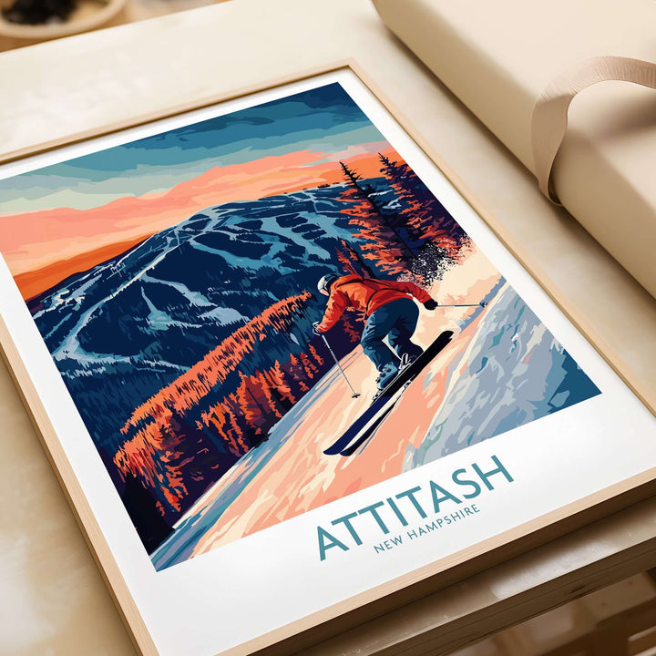 Attitash Ski Wall Art Print featuring a skier on slopes with a colorful mountain backdrop, perfect for outdoor enthusiasts.